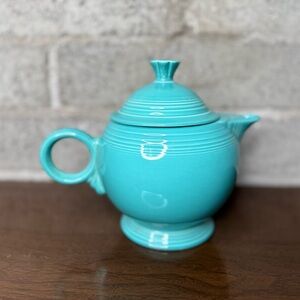 Vintage Turquoise Teapot Fiesta Style Ceramic Ring Handle Mid Century